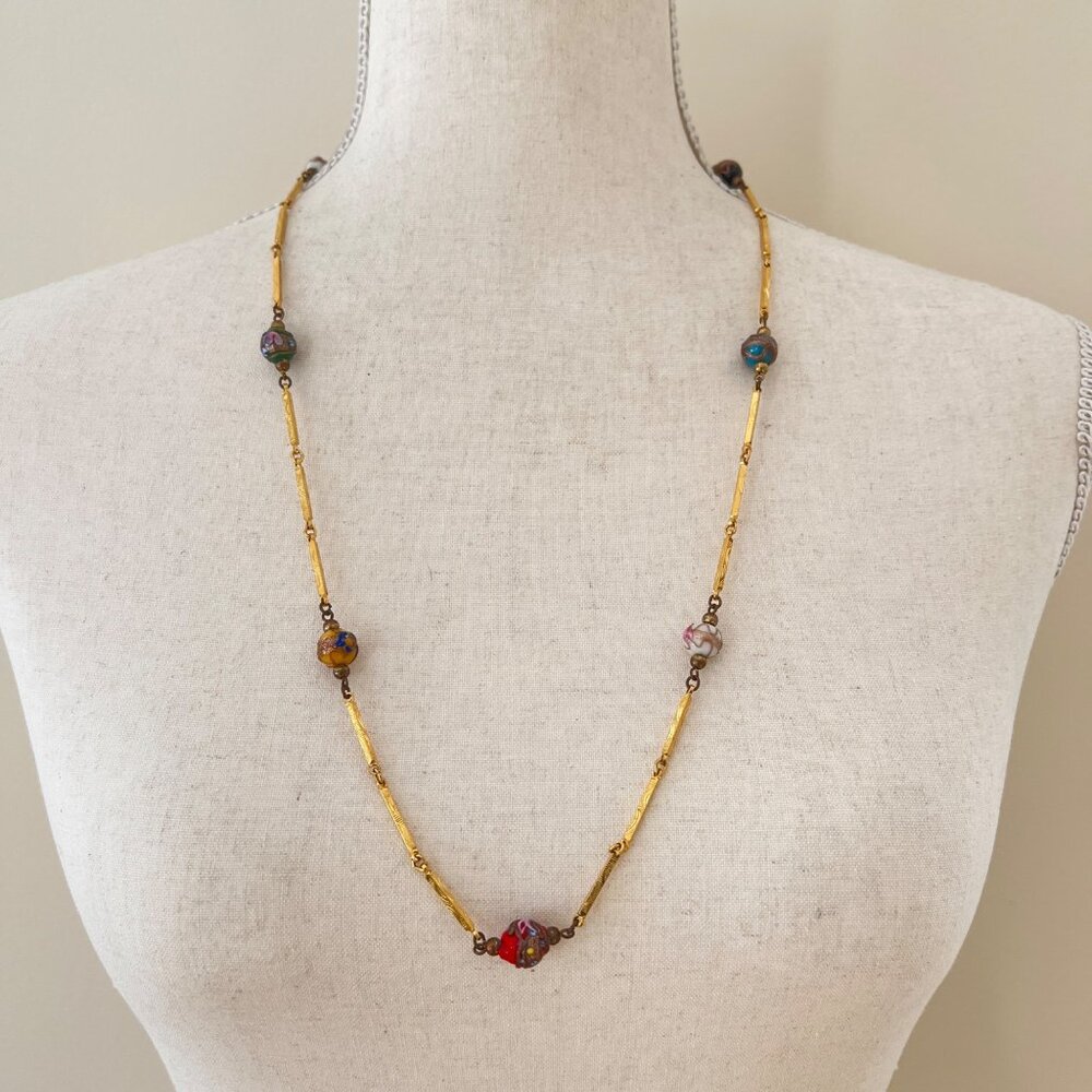 Vintage Italian Venetian Wedding Cake Glass Beads Necklace w Gold Tone Spacers